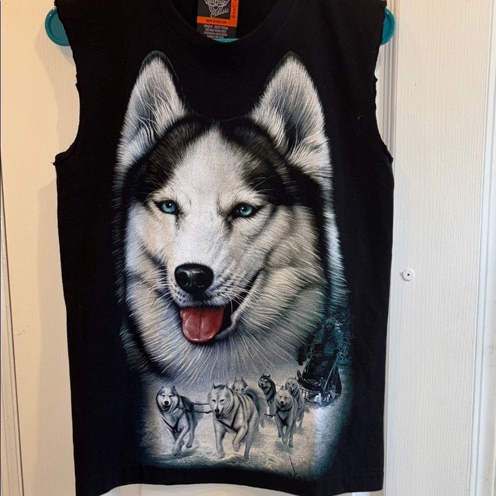 ROCK EAGLE CLASSIC BRAND BLACK SLEEVELESS TEE SHIRT WITH HUSKY DOG PRINT SIZE SM